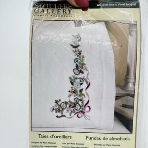 VTG Bucilla Stitchers Gallery Stamped Cross Stitch Two Pillowcases Kit Bouquet
